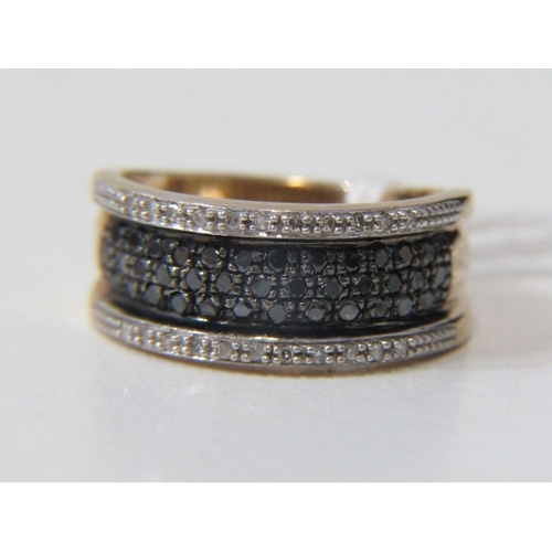 69 - BLACK & WHITE DIAMOND CLUSTER RING, heavy 9ct yellow gold ring set a central plaque of black diamond... 