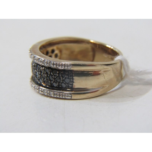 69 - BLACK & WHITE DIAMOND CLUSTER RING, heavy 9ct yellow gold ring set a central plaque of black diamond... 