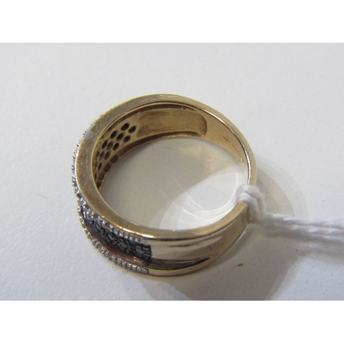 69 - BLACK & WHITE DIAMOND CLUSTER RING, heavy 9ct yellow gold ring set a central plaque of black diamond... 