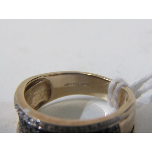 69 - BLACK & WHITE DIAMOND CLUSTER RING, heavy 9ct yellow gold ring set a central plaque of black diamond... 
