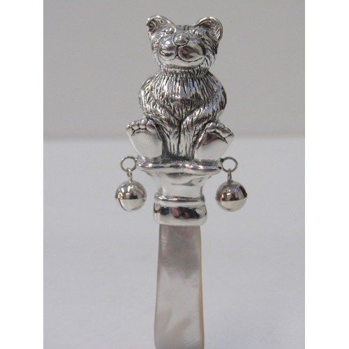 73 - CHILD'S SILVER TEETHER, novelty silver teether in the form of a teddy bear, with mother of pearl han... 