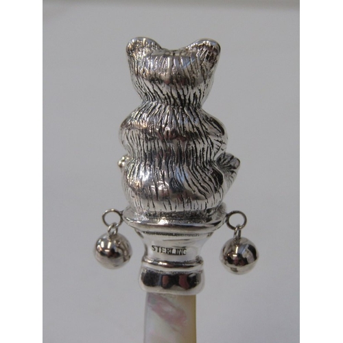 73 - CHILD'S SILVER TEETHER, novelty silver teether in the form of a teddy bear, with mother of pearl han... 