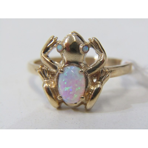 75 - 9ct YELLOW GOLD NOVELTY OVAL RING, in the form of a frog, set an oval opal to body, size O/P
