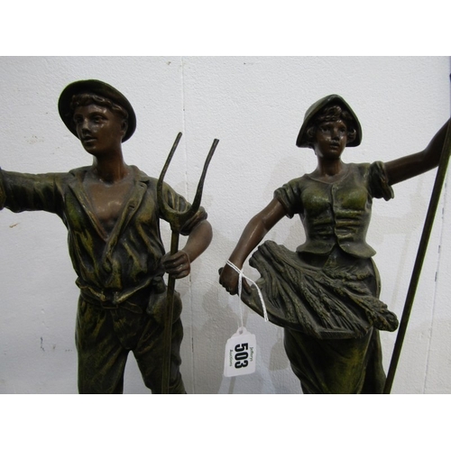 83 - SPELTER FIGURES, a pair of 19th Century French painted spelter figures, 
