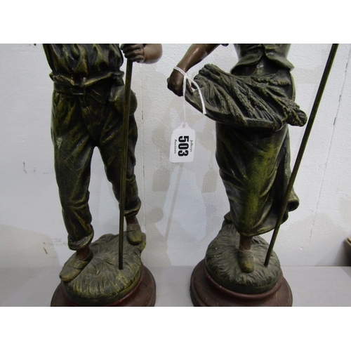 83 - SPELTER FIGURES, a pair of 19th Century French painted spelter figures, 