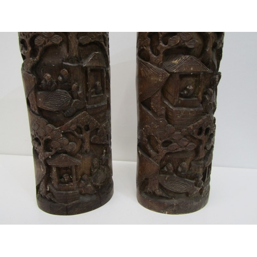 90 - ORIENTAL BRUSH POTS, a pair of 19th Century Chinese bamboo brush pots, both ornately carved with fig... 