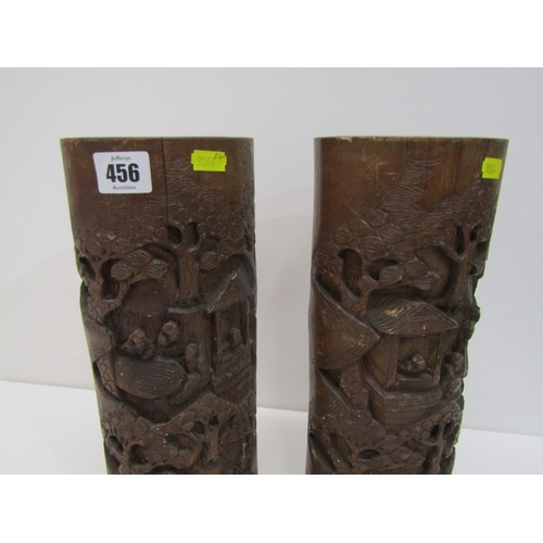 90 - ORIENTAL BRUSH POTS, a pair of 19th Century Chinese bamboo brush pots, both ornately carved with fig... 