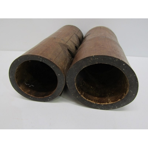 90 - ORIENTAL BRUSH POTS, a pair of 19th Century Chinese bamboo brush pots, both ornately carved with fig... 