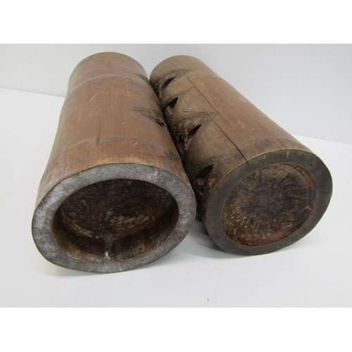 90 - ORIENTAL BRUSH POTS, a pair of 19th Century Chinese bamboo brush pots, both ornately carved with fig... 