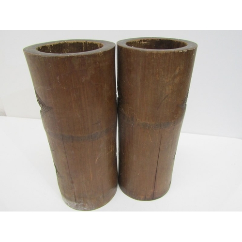 90 - ORIENTAL BRUSH POTS, a pair of 19th Century Chinese bamboo brush pots, both ornately carved with fig... 