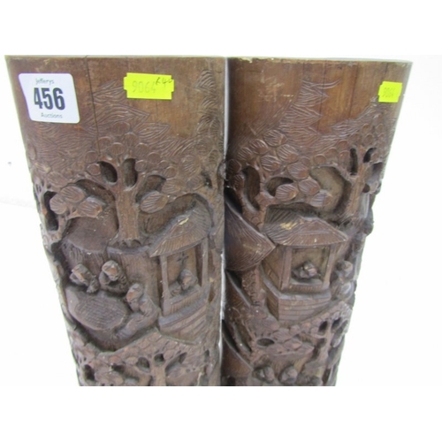 90 - ORIENTAL BRUSH POTS, a pair of 19th Century Chinese bamboo brush pots, both ornately carved with fig... 