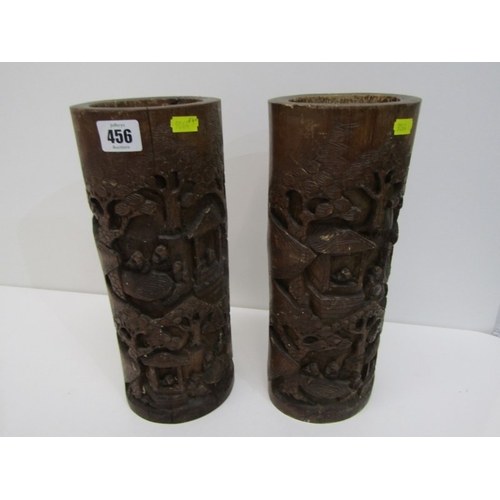 90 - ORIENTAL BRUSH POTS, a pair of 19th Century Chinese bamboo brush pots, both ornately carved with fig... 