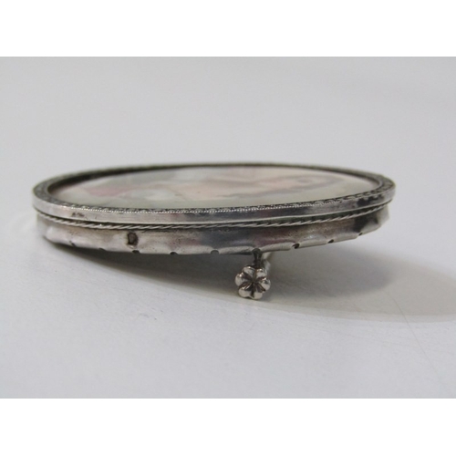 114 - PORTRAIT BROOCH, a ceramic oval portrait brooch, decorated with a figure of a lady in a circular sil... 