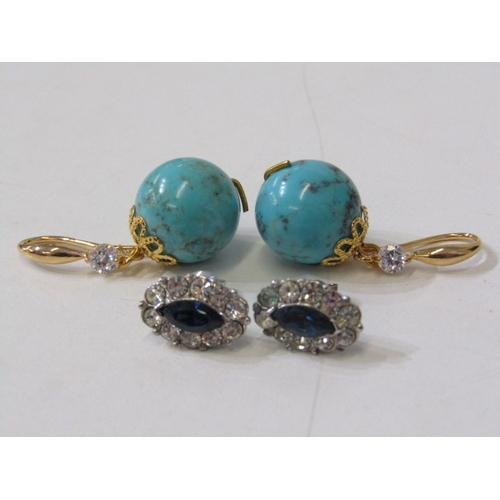120 - EARRINGS, a pair of silver blue stone stud earrings, together with a pair of turquoise large beaded ... 