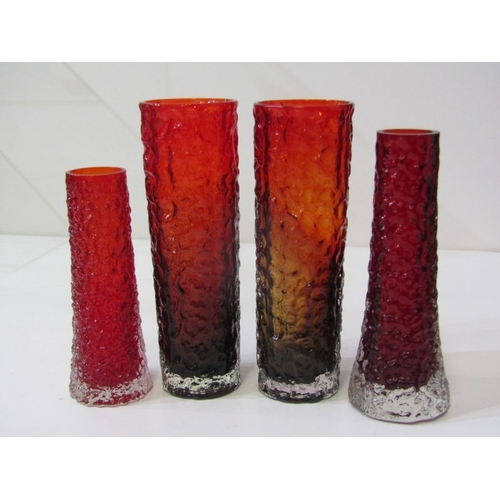 70 - WHITEFRIARS STYLE VASES, a pair of orange cylindrical bark effect vases in the Whitefriars style, 20... 