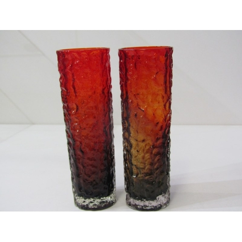 70 - WHITEFRIARS STYLE VASES, a pair of orange cylindrical bark effect vases in the Whitefriars style, 20... 