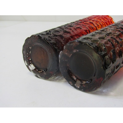 70 - WHITEFRIARS STYLE VASES, a pair of orange cylindrical bark effect vases in the Whitefriars style, 20... 