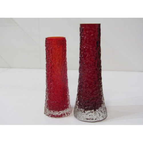 70 - WHITEFRIARS STYLE VASES, a pair of orange cylindrical bark effect vases in the Whitefriars style, 20... 