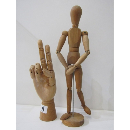 74 - ARTIST MANNEQUIN,  a jointed beech framed artist mannequin, 33cm height, together with a similar art... 