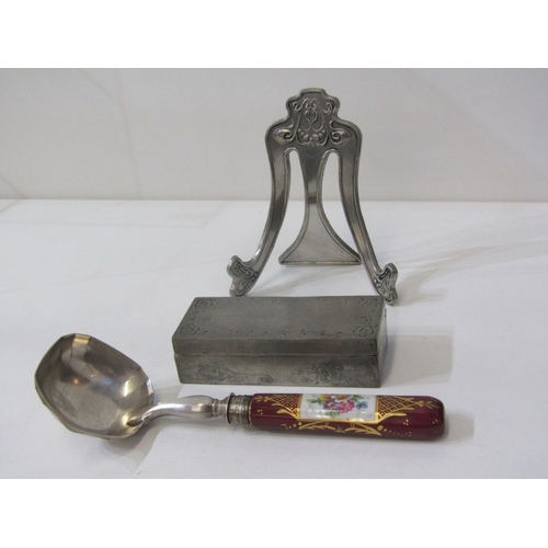 77 - STAMP-PILL BOX, a rectangular pewter lidded box with interior compartment for stamps/pills, together... 