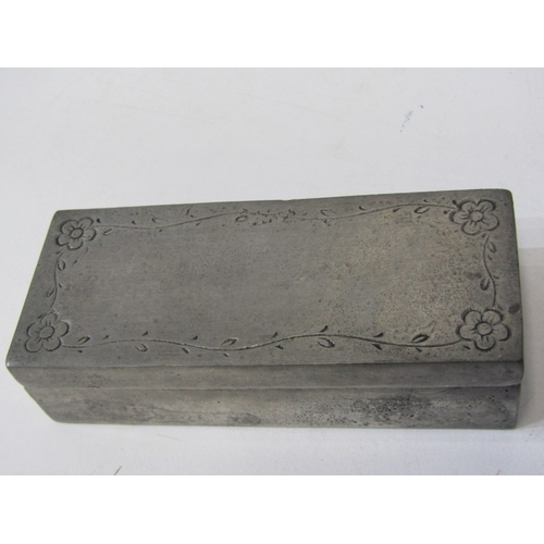 77 - STAMP-PILL BOX, a rectangular pewter lidded box with interior compartment for stamps/pills, together... 