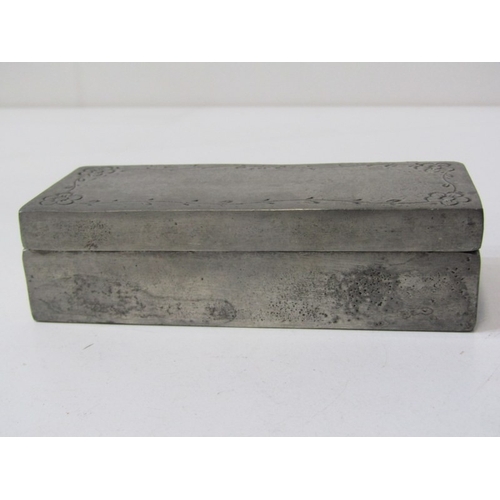 77 - STAMP-PILL BOX, a rectangular pewter lidded box with interior compartment for stamps/pills, together... 