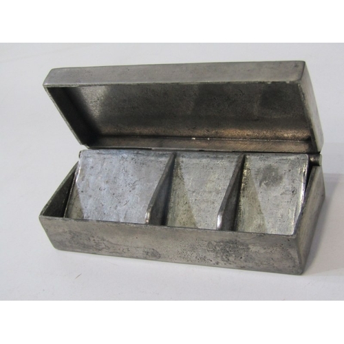 77 - STAMP-PILL BOX, a rectangular pewter lidded box with interior compartment for stamps/pills, together... 