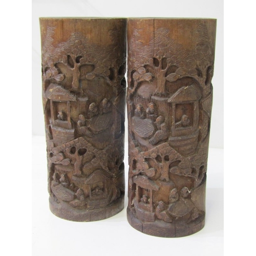 90 - ORIENTAL BRUSH POTS, a pair of 19th Century Chinese bamboo brush pots, both ornately carved with fig... 