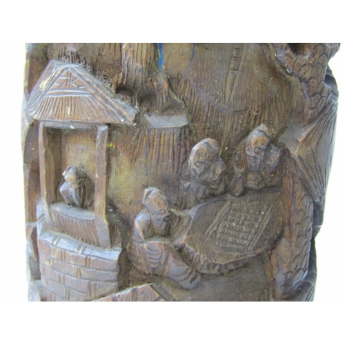 90 - ORIENTAL BRUSH POTS, a pair of 19th Century Chinese bamboo brush pots, both ornately carved with fig... 