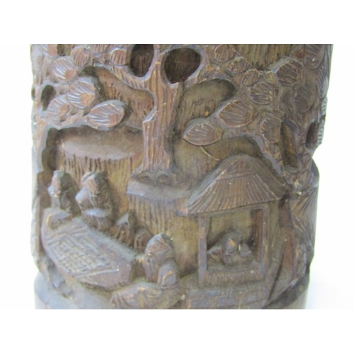 90 - ORIENTAL BRUSH POTS, a pair of 19th Century Chinese bamboo brush pots, both ornately carved with fig... 