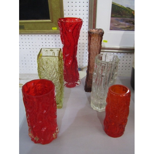 93 - WHITEFRIARS STYLE GLASSWARE, 6 assorted vases, various colours & designs, tallest 30cms