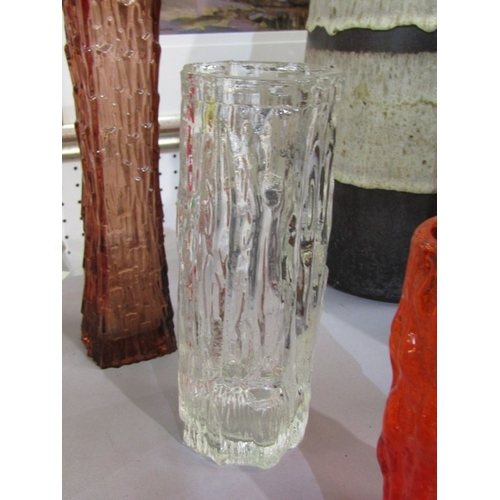 93 - WHITEFRIARS STYLE GLASSWARE, 6 assorted vases, various colours & designs, tallest 30cms