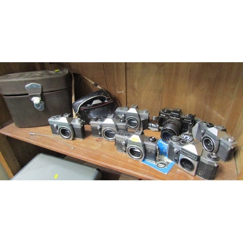 16 - PHOTOGRAPHY, various vintage cameras;  cased Yashica TL Electro X with accessories, Praktica BMS ele... 