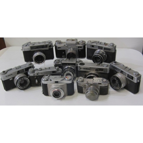 20 - PHOTOGRAPHY - vintage cameras; Samoca LE II camera, USSR Kiev camera, EMI K camera, 2 x Canon Canone... 