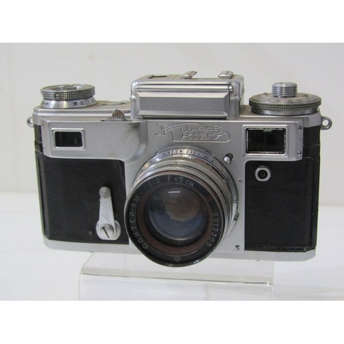20 - PHOTOGRAPHY - vintage cameras; Samoca LE II camera, USSR Kiev camera, EMI K camera, 2 x Canon Canone... 