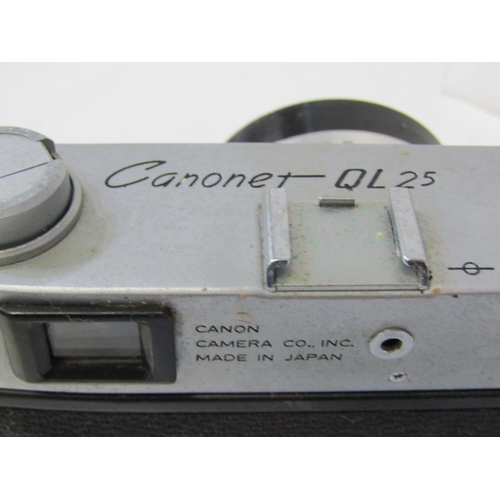 20 - PHOTOGRAPHY - vintage cameras; Samoca LE II camera, USSR Kiev camera, EMI K camera, 2 x Canon Canone... 