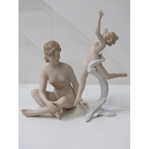 42 - CONTINENTAL PORCELAIN FIGURES, 2 Wallendorf porcelain figures 1 of a naked dancer, 30cm height, toge... 