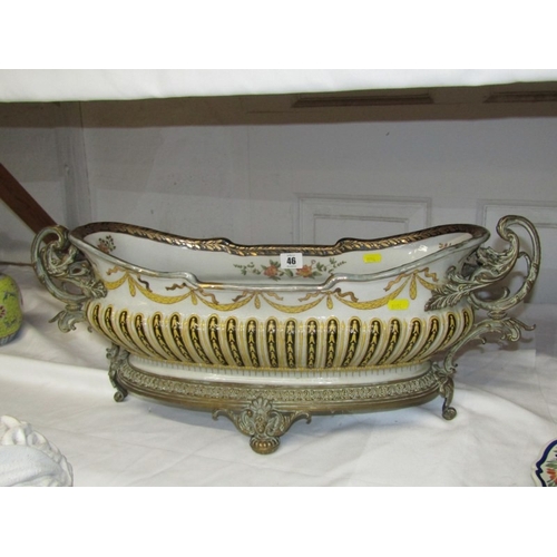 46 - ANTIQUE POTTERY TABLE CENTRE, large oval table centre with swag and fluted decoration with gilt meta... 