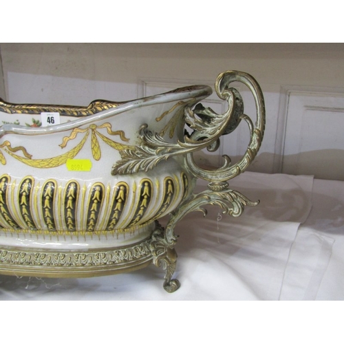 46 - ANTIQUE POTTERY TABLE CENTRE, large oval table centre with swag and fluted decoration with gilt meta... 