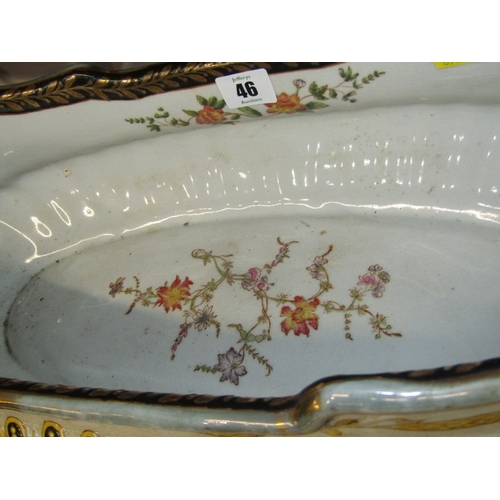 46 - ANTIQUE POTTERY TABLE CENTRE, large oval table centre with swag and fluted decoration with gilt meta... 