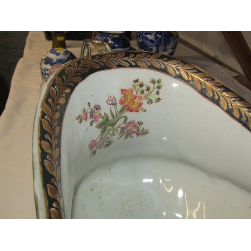 46 - ANTIQUE POTTERY TABLE CENTRE, large oval table centre with swag and fluted decoration with gilt meta... 