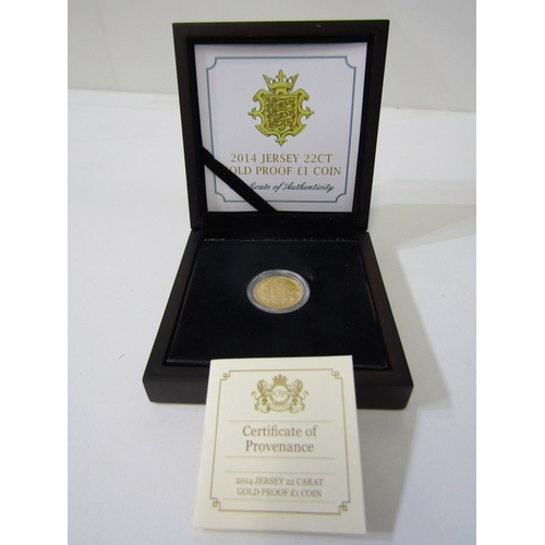 1 - 2014 Jersey Gold Proof 1 Pound.  Obv: Queen Elizabeth II; Rev: Garnished shield with 3 leopards pass... 