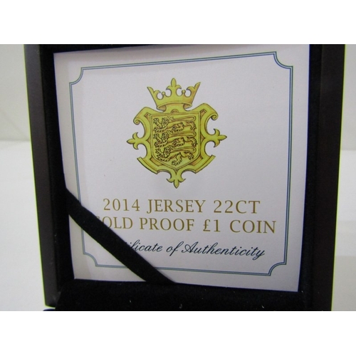 1 - 2014 Jersey Gold Proof 1 Pound.  Obv: Queen Elizabeth II; Rev: Garnished shield with 3 leopards pass... 