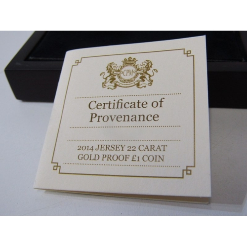 1 - 2014 Jersey Gold Proof 1 Pound.  Obv: Queen Elizabeth II; Rev: Garnished shield with 3 leopards pass... 