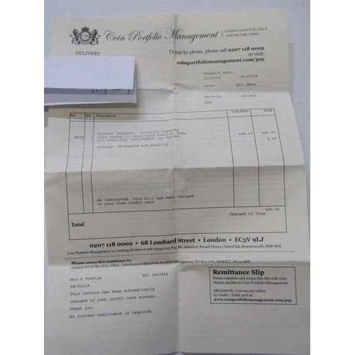 1 - 2014 Jersey Gold Proof 1 Pound.  Obv: Queen Elizabeth II; Rev: Garnished shield with 3 leopards pass... 