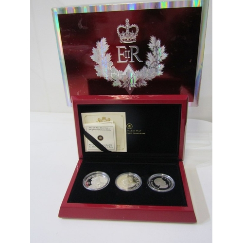 10 - 2012 Canada Diamond Jubilee 3-coin fine silver proof $20 set .  Capsuled in Royal Canadian Mint pres... 