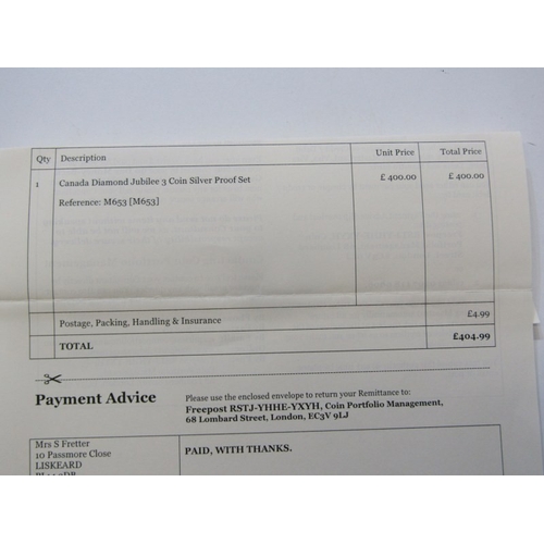 10 - 2012 Canada Diamond Jubilee 3-coin fine silver proof $20 set .  Capsuled in Royal Canadian Mint pres... 