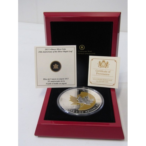 16 - 2013 Canada Fine Silver Matt Proof with gold appointments 5 ounce Maple Leaf, commemorating the 25th... 