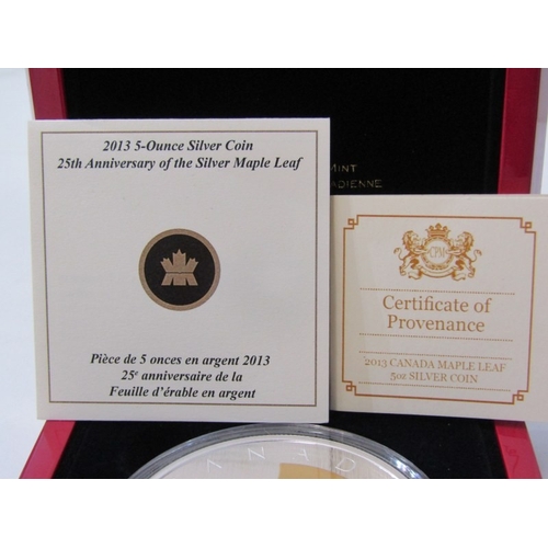 16 - 2013 Canada Fine Silver Matt Proof with gold appointments 5 ounce Maple Leaf, commemorating the 25th... 