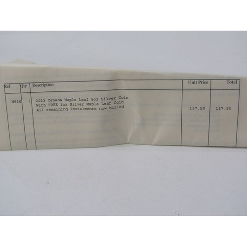 16 - 2013 Canada Fine Silver Matt Proof with gold appointments 5 ounce Maple Leaf, commemorating the 25th... 